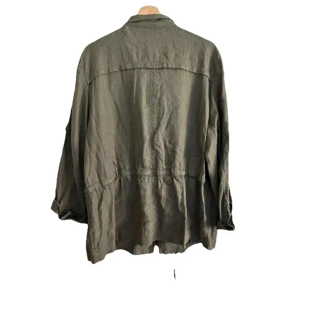 INC Utility Jacket Women's 2XL Olive Green Linen Lightweight Cargo Military Chic - Picture 2 of 14